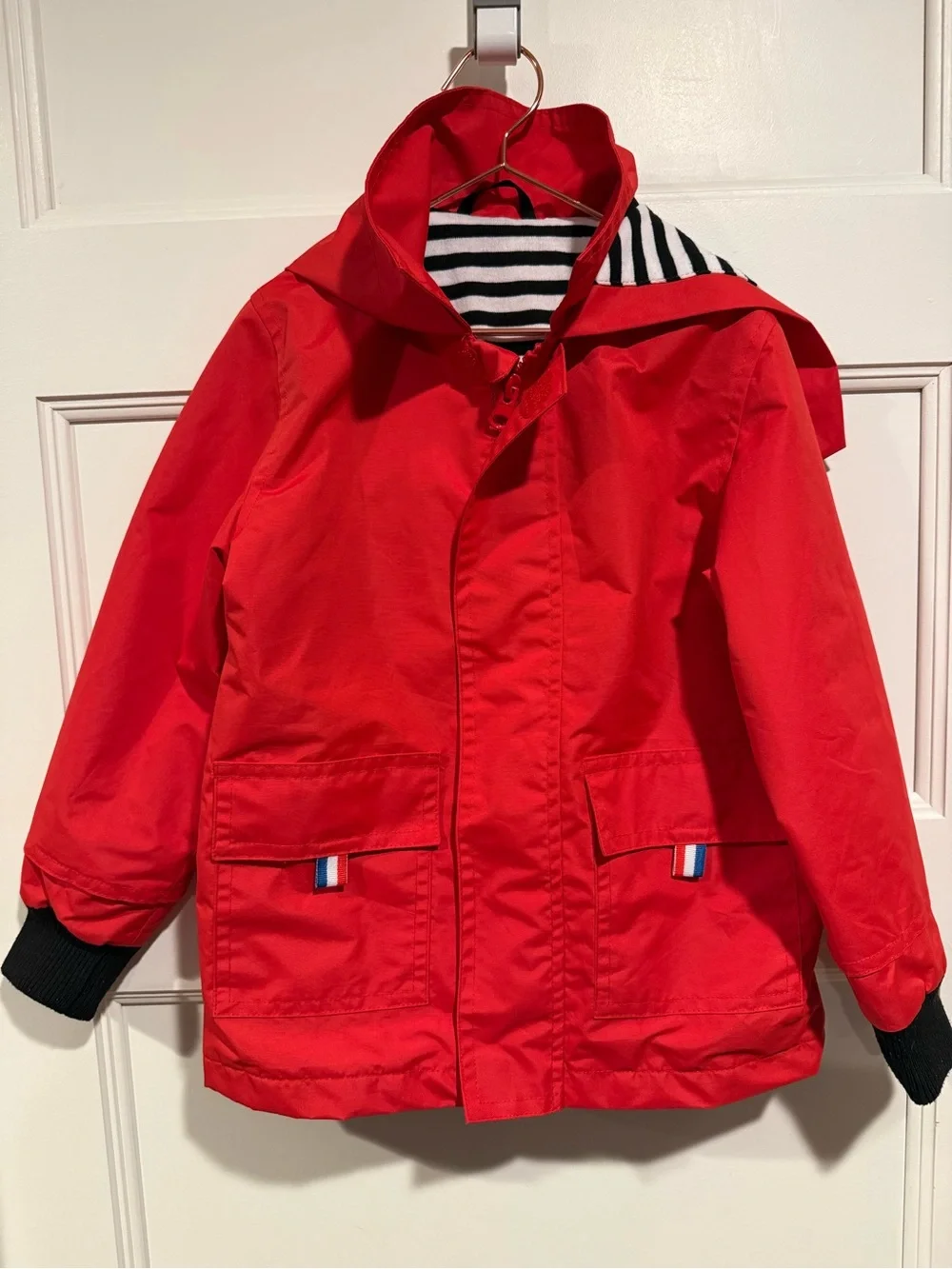 Bright Red Kids' Hooded Raincoat with Striped Lining